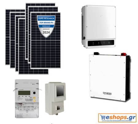 5kw με μπαταρία 5,12kwh net billing υβριδικό inverter Goodwe GW5000-ES-20 HYBRID(DC-SWITCH/WIFI/1P-METER) με Φ/Β πάνελ 610 watt half cells TOPCON φωτοβολταϊκά